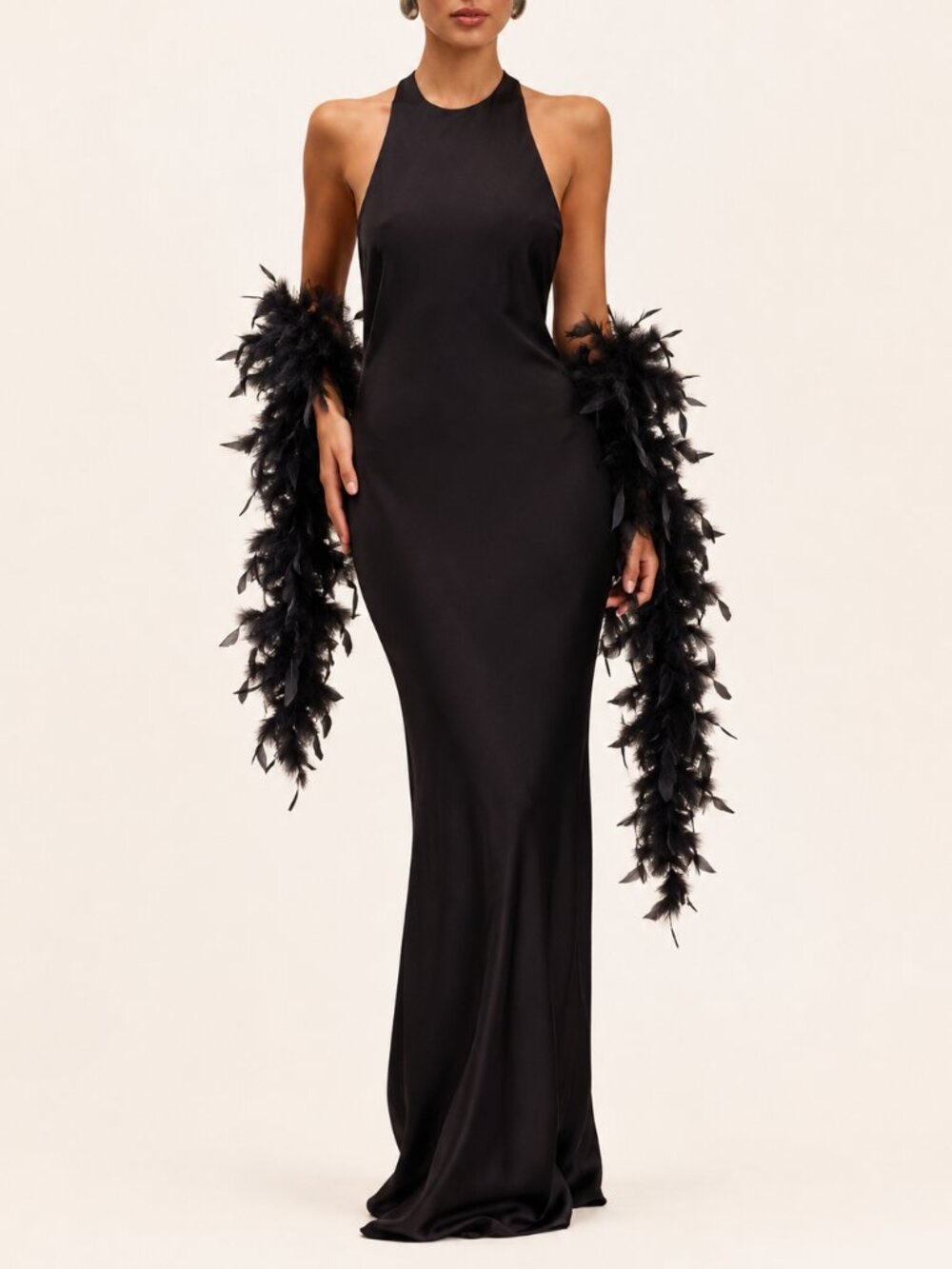 NWT Meshki Rinna Satin Halter Maxi Dress in Black w/ Feather Boa